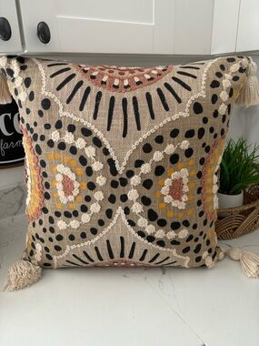 Bohemian Tassled Throw Pillow Mixed Textiles Cream Black Terra Cotta 19x19 Decor